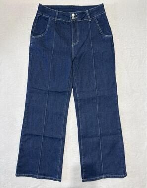 Jeans Womens 14 Blue High Rise Wide Leg Stretch Denim Pintuck Seam Pockets